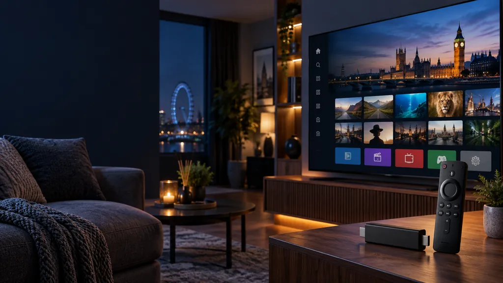 Modern UK living room with Fire TV interface and Firestick remote